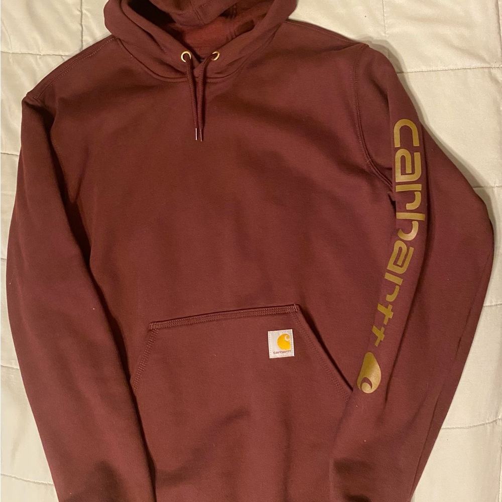 Carhartt Men's Burgundy Hoodie with Gold Sleeve Logo